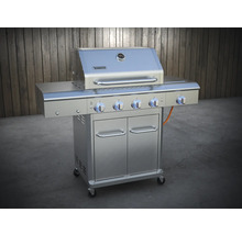 Chariot de grill en acier inoxydable avec quatre brûleurs et placard