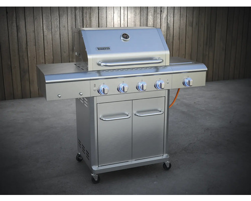 Chariot de grill en acier inoxydable avec quatre brûleurs et placard