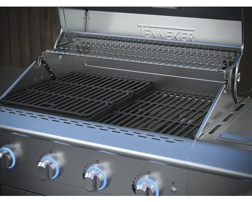 Gril à gaz ouvert avec grille et support de maintien au chaud