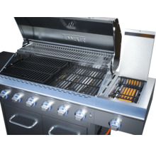 Geöffneter Gasgrill mit Grillrosten und Warmhalterost
