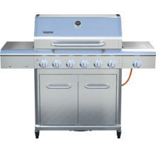 Edelstahl Gasgrill mit sechs Brennern, Seitentischen und Unterschrank