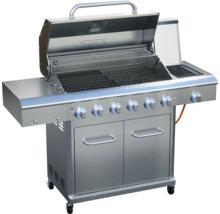 Edelstahl-Gasgrill mit sechs Brennern, Ablageflächen und Unterschrank
