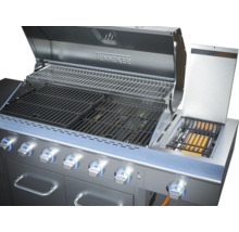Edelstahl Gasgrill mit geöffnetem Deckel und Grillrost