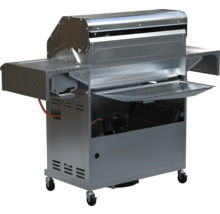 Grillwagen aus Metall mit Ablageflächen und Rollen