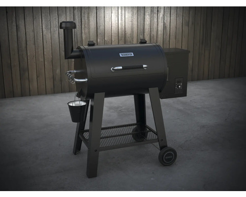 Schwarzer Tenneker Pelletgrill mit Räucherturm, Fettauffangeimer und Rollen
