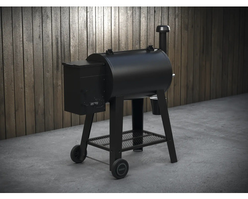 Schwarzer Pelletgrill mit Räucherofenfunktion auf Rädern