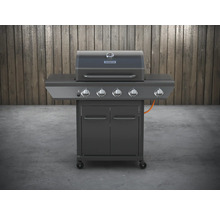 Barbecue à gaz gris foncé avec quatre brûleurs, double porte et roulettes