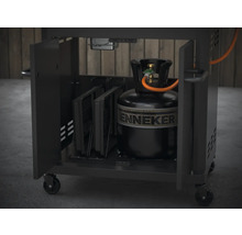 Barbecue à gaz avec porte ouverte, bouteille de gaz et support pour accessoires