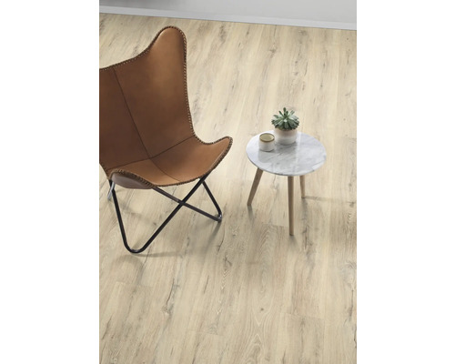 Pièce lumineuse avec fauteuil, table d''appoint et plante en pot sur plancher en bois