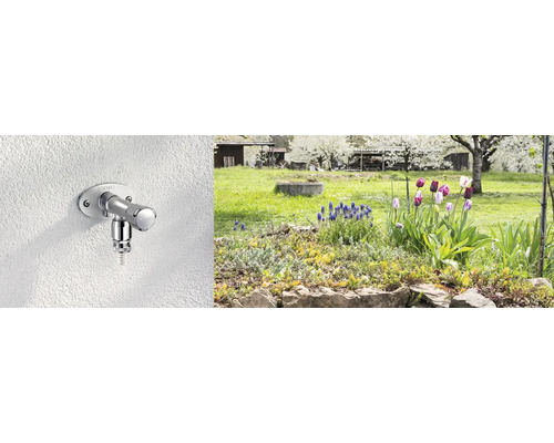 Robinet d''extérieur sur un mur avec jardin en arrière-plan