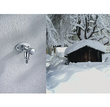 Robinet d''eau extérieur sur un mur et une cabane enneigée