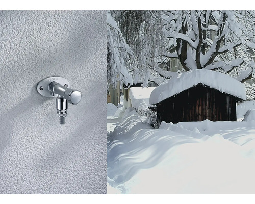 Robinet d''eau extérieur sur un mur et une cabane enneigée