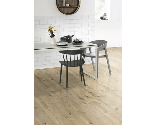 Heller Wohnraum mit Esstisch, Stühlen und hellem Holzboden