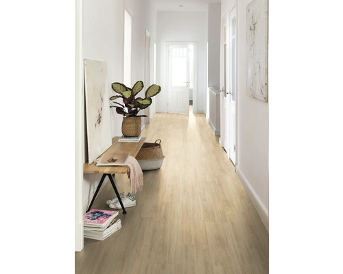 Flur mit hellem Holzboden, Bank, Pflanze und Dekorationen