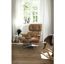 Salon avec fauteuil, table, fenêtre et décoration