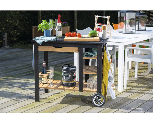 Chariot de service mobile en bois avec tiroir et étagères pour l''extérieur