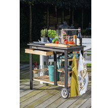 Chariot de service en bois avec tiroir, étagères et roues pour l''extérieur