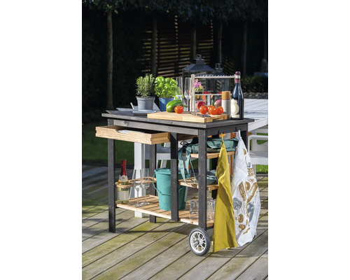 Chariot de service en bois avec tiroir, étagères et roues pour l''extérieur