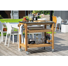 Chariot de service en bois avec plateau en acier inoxydable en extérieur
