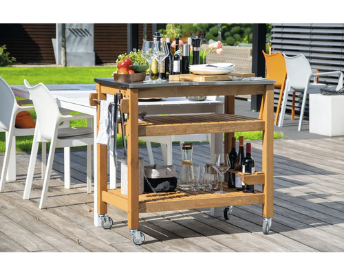 Chariot de service en bois avec plateau en acier inoxydable en extérieur