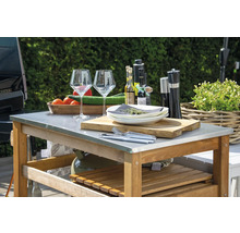 Table de barbecue avec vaisselle, verres, épices, huiles, planche à découper et légumes