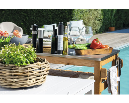 Table de grill avec nourriture, boissons et plantes à côté d''une piscine