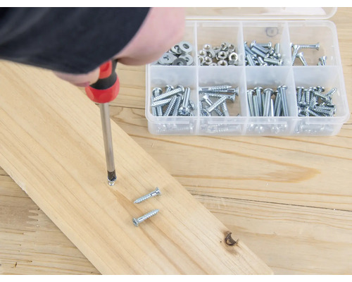 Eine Person schraubt eine Schraube mit einem Schraubendreher in ein Holzbrett, neben einem Sortimentskasten mit Schrauben.