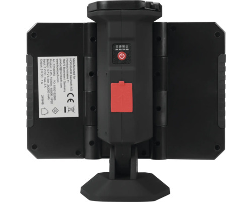 Vue arrière d''une lampe de chantier LED portative avec informations sur la puissance, la batterie et le fabricant.