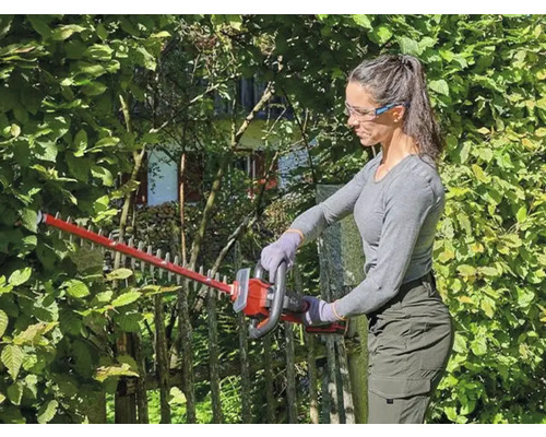 Frau schneidet Hecke mit einer Heckenschere