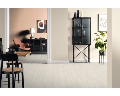 Intérieur avec table à manger, chaises, vitrine et plante d''intérieur