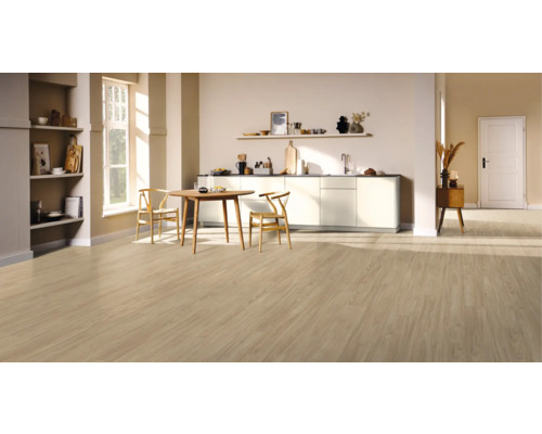 Heller Raum mit Holzboden, Holztisch und Stühlen, Küchenzeile und Regalen