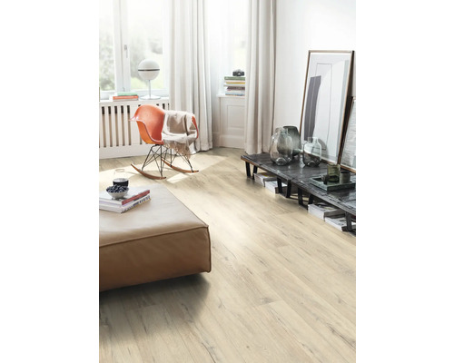 Séjour lumineux avec sol stratifié, fauteuil et canapé