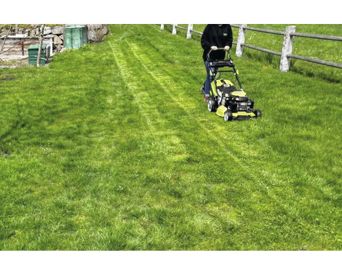 Eine Person mäht Rasen mit einem Rasenmäher im Garten.