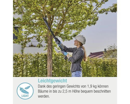 Frau schneidet Baum mit Akku-Astschere