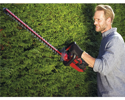 Mann schneidet Hecke mit einer Heckenschere