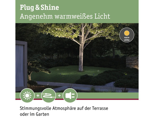 Éclairage de jardin Plug and Shine avec lumière blanche chaude pour une ambiance chaleureuse sur la terrasse ou dans le jardin.