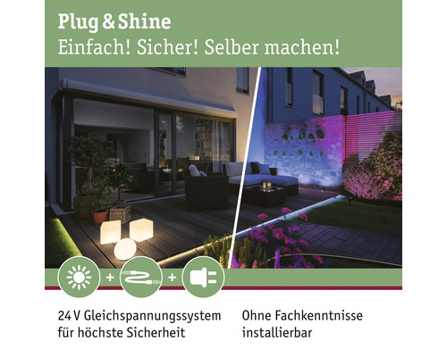 Scène avec luminaires d''extérieur Plug and Shine sur terrasse et dans jardin