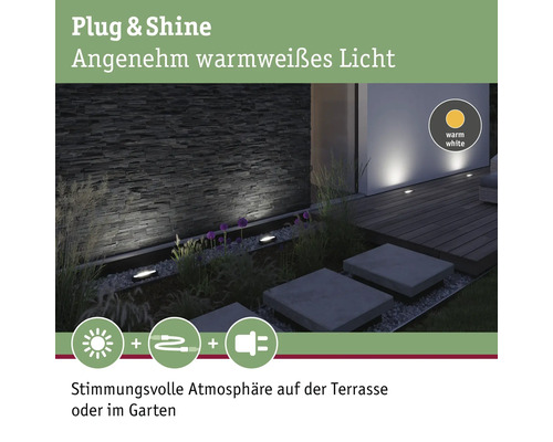Terrasse et jardin avec des lampes Plug and Shine blanc chaud