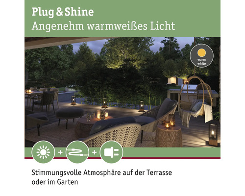Terrasse avec éclairage Plug and Shine pour une lumière blanche chaude et agréable