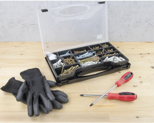 Boîte d''assortiment avec vis, chevilles, tournevis et gants