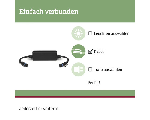 Systemdarstellung mit Kabel, Leuchten und Trafo zur einfachen Verbindung