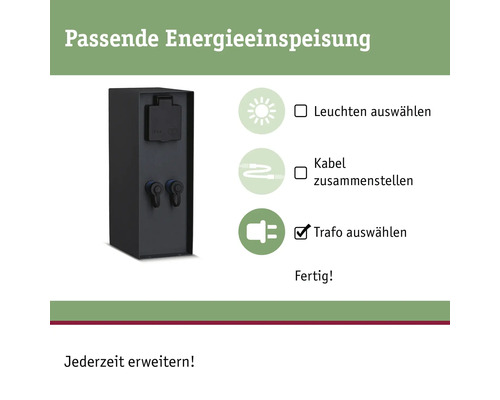 Passende Energieeinspeisung mit Auswahl von Leuchten, Kabel und Trafo.