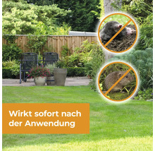 Garten mit Rasenfläche, Gartenmöbeln und Verbotsschildern für Maulwurf und Wühlmaus