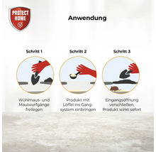 Anwendungsbeispiele für ein Schädlingsbekämpfungsprodukt gegen Wühlmäuse und Maulwürfe.