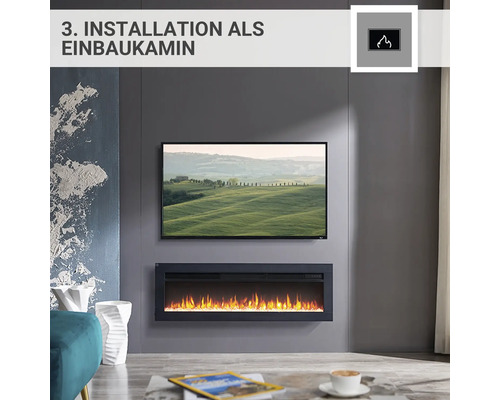 Elektrischer Kamin zur Installation in der Wand unter einem Fernseher in einem Wohnzimmer.