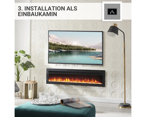 Installation eines Elektrokamins als Einbaukamin unter einem Fernseher an einer strukturierten Wand.