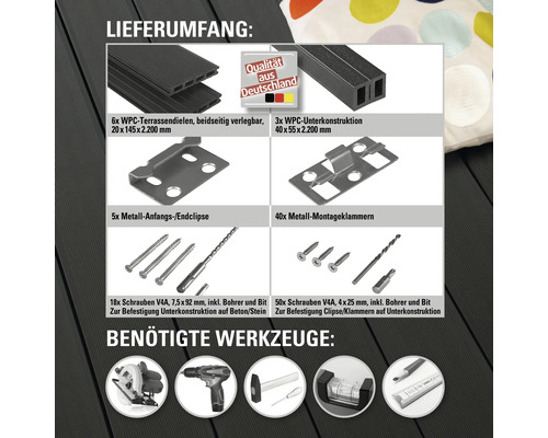 Lieferumfang des Terrassendielen Sets: sechs WPC Terrassendielen, drei WPC Unterkonstruktionen, fünf Metall Anfangs- und Endclipse, 40 Metall Montageklammern, Schrauben, Bohrer und Bit. Siegel: Qualität aus Deutschland.