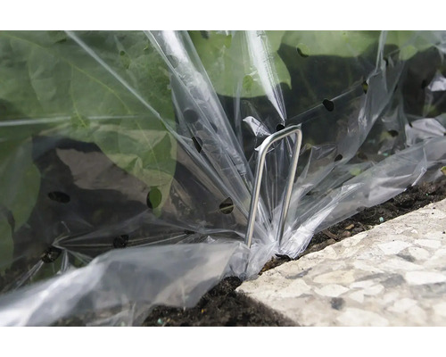 Pflanzfolie über Pflanzen mit Haltebügel