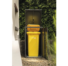 Mülltonnenbox mit geöffneter Tür und gelber Mülltonne