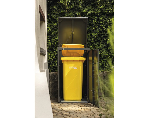 Abfalltonnenbox mit geöffneter Tür und gelber Mülltonne